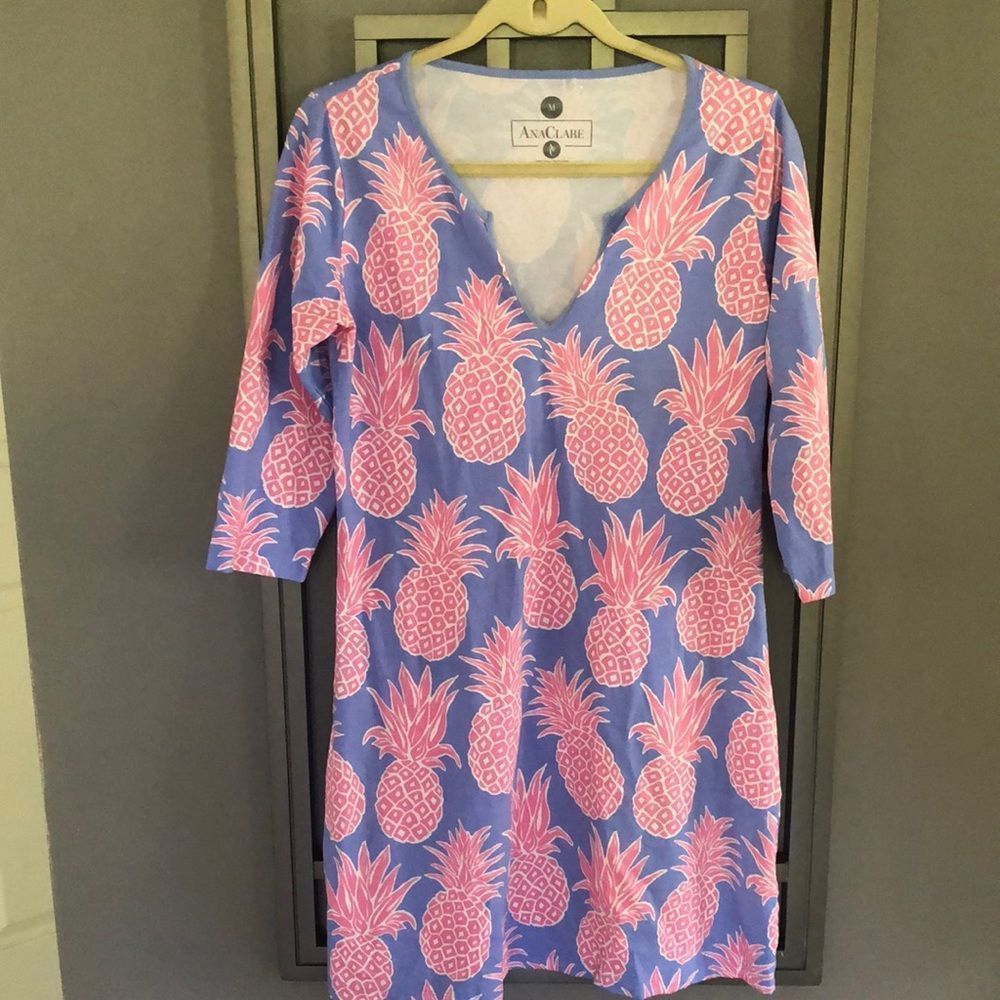 Ana Clare pink pineapple Cotton three-quarter sleeve dress. Size M